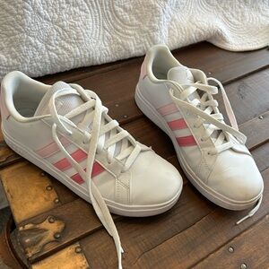 Adidas Women's White and Pink Striped Sneakers